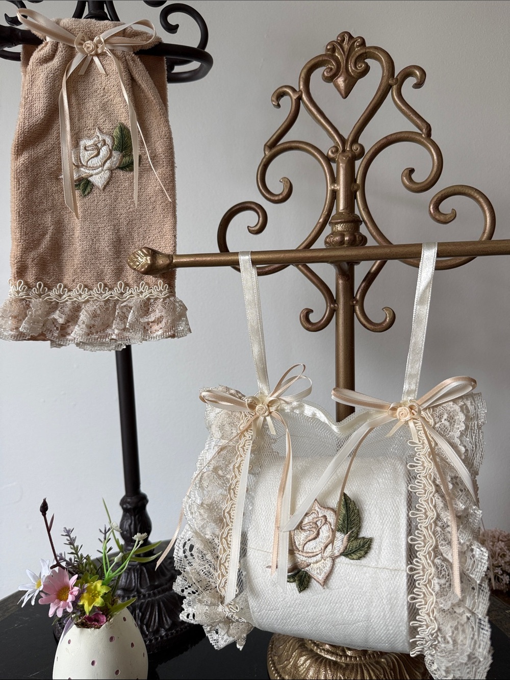 Hand Crafted Beige and Ivory Lace Toilet Paper Sachet & Hand Towel Set
